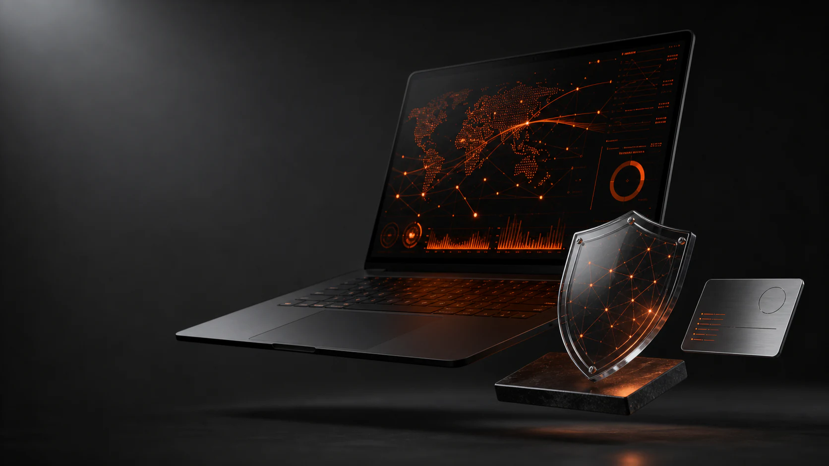A dark laptop, glass project artifact, and refined credential object.