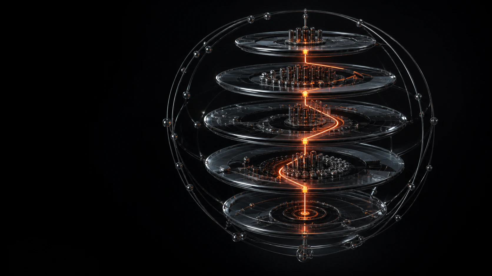 A smoked-glass learning core with connected orbital layers and an orange route.