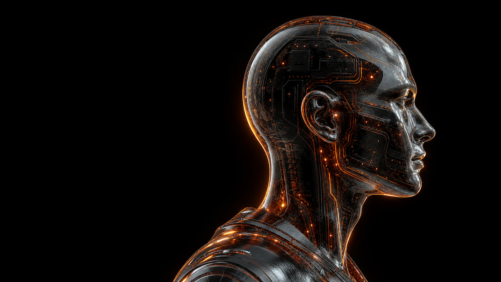 A dark cybernetic profile illuminated by fine orange circuitry.